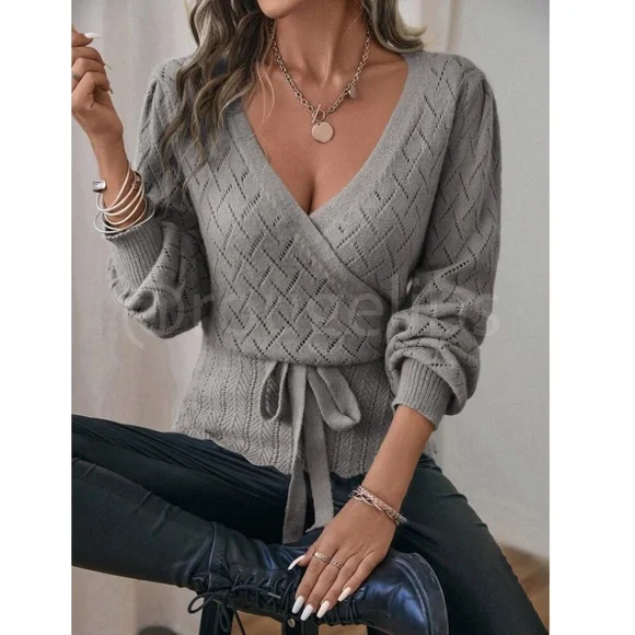 Gray Wrap Cardigan Long Lantern Sleeve Ties - Picture 3 of 8